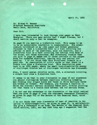 Letter from Linus Pauling to Sidney Benson. Page 1. April 20, 1964