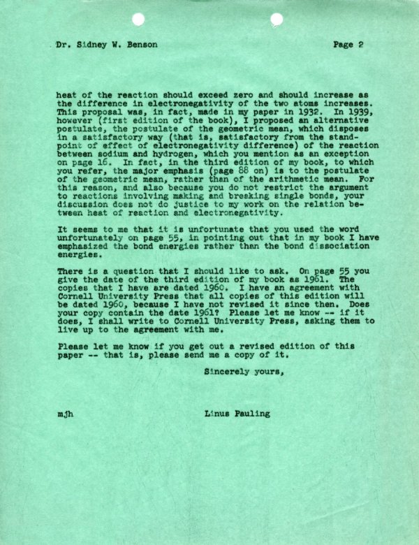 Letter from Linus Pauling to Sidney Benson. Page 2. April 20, 1964