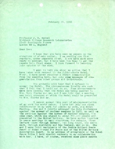 Letter from Linus Pauling to J. D. Bernal. Page 1. February 21, 1966