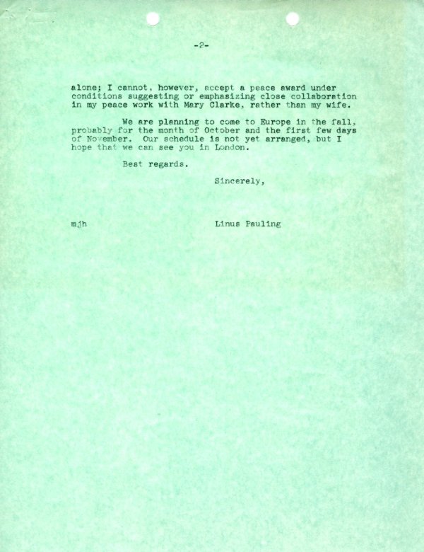 Letter from Linus Pauling to J. D. Bernal. Page 2. February 21, 1966