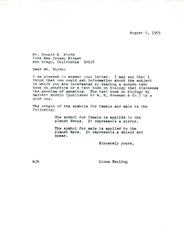 Letter from Linus Pauling to Donald K. Blyth. Page 1. August 2, 1965