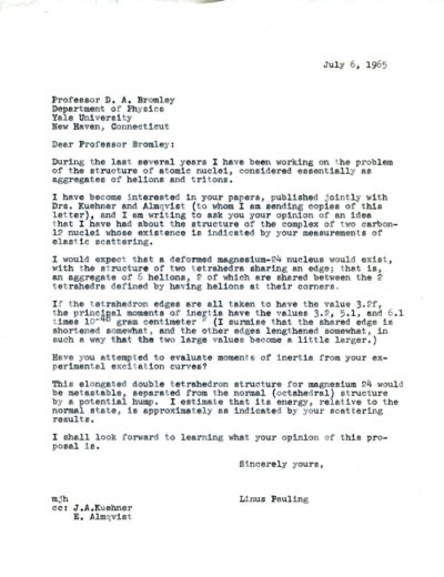 Letter from Linus Pauling to D. A. Bromley. Page 1. July 6, 1965