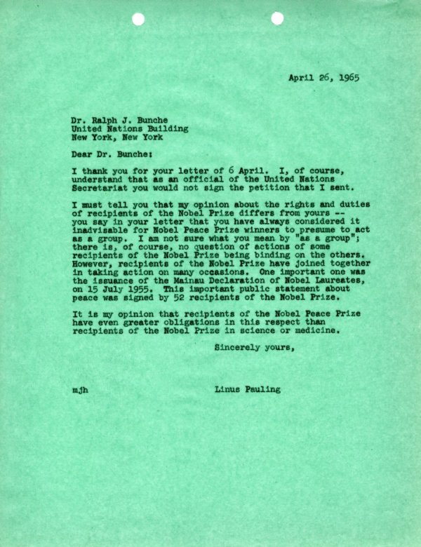 Letter from Linus Pauling to Ralph Bunche. Page 1. April 26, 1965