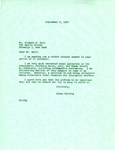 Letter from Linus Pauling to Richard Bell. Page 1. September 7, 1966