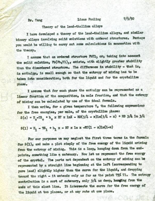 Letter from Linus Pauling to You-Chi Tang. Page 1. July 5, 1951