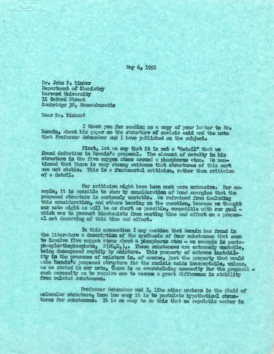 Letter from Linus Pauling to John F. Tinker. Page 1. May 6, 1952
