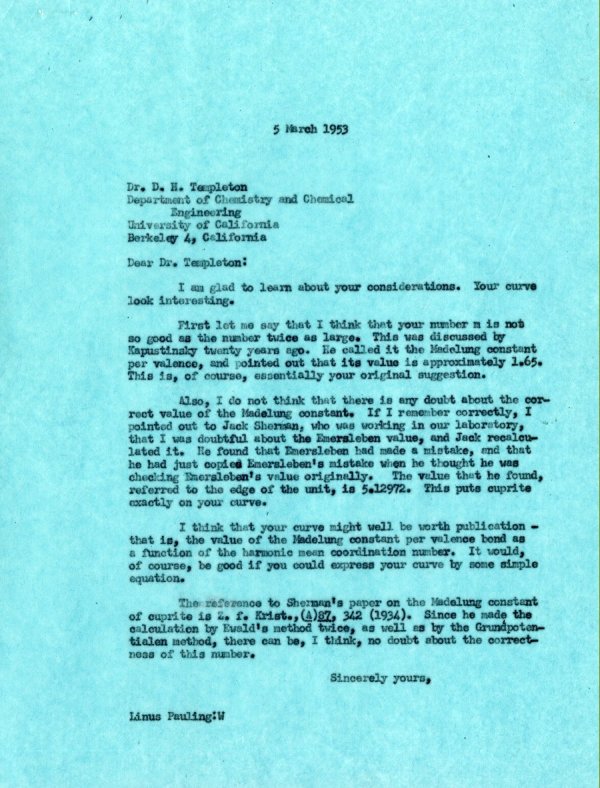 Letter from Linus Pauling to D.H. Templeton. Page 1. March 5, 1953