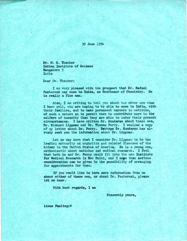 Letter from Linus Pauling to M.S. Thacker. Page 1. June 30, 1954