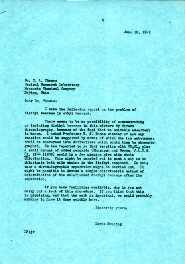 Letter from Linus Pauling to Charles A. Thomas. Page 1. June 18, 1943