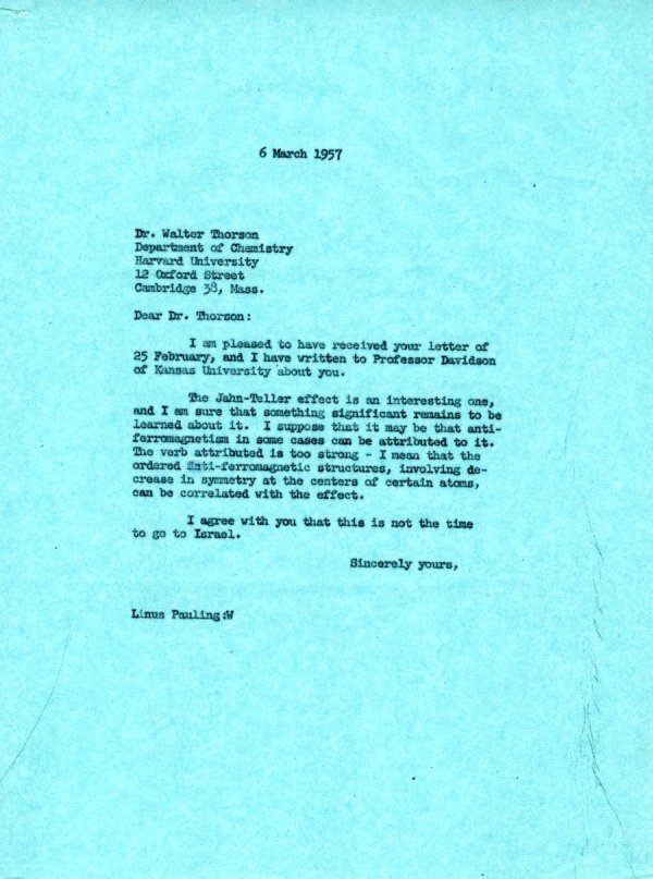 Letter from Linus Pauling to Walter Thorson Page 1. March 6, 1957