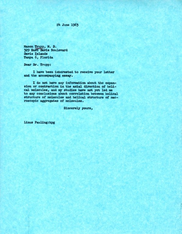 Letter from Linus Pauling to Mason Trupp. Page 1. June 24, 1963