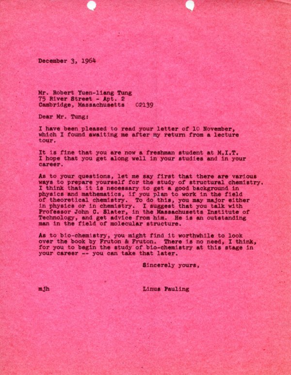 Letter from Linus Pauling to Robert Yuen-liang Tung. Page 1. December 3, 1964
