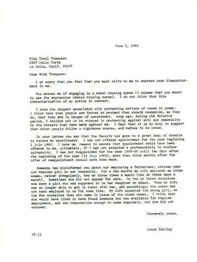 Letter from Linus Pauling to Tondi Thompson. Page 1. June 2, 1969