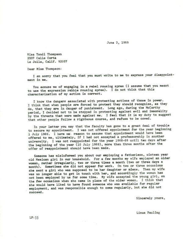 Letter from Linus Pauling to Tondi Thompson. Page 1. June 2, 1969
