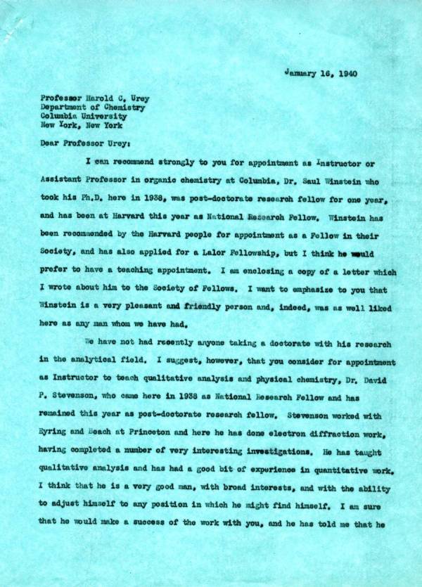 Letter from Linus Pauling to Harold Urey. Page 1. January 16, 1940