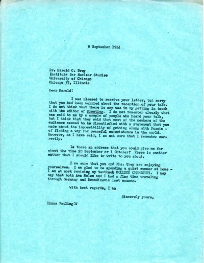 Letter from Linus Pauling to Harold Urey. Page 1. September 8, 1954