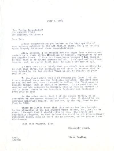 Letter from Linus Pauling to Irving Bengelsdorf. Page 1. July 7, 1967