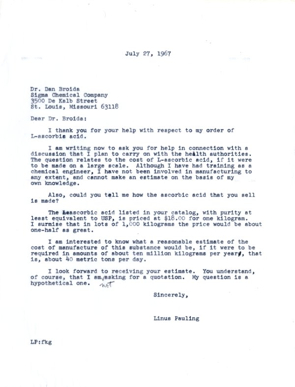 Letter from Linus Pauling to Dan Broida. Page 1. July 27, 1967