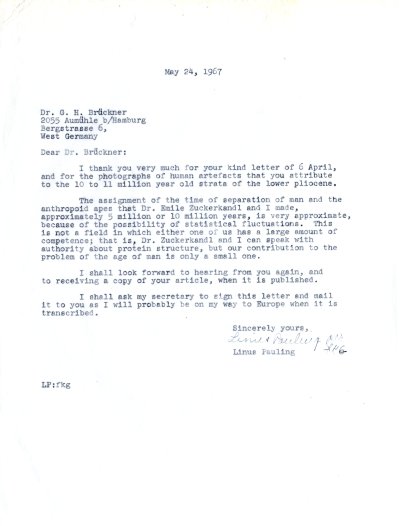 Letter from Linus Pauling to G. H. Bruckner. Page 1. May 24, 1967