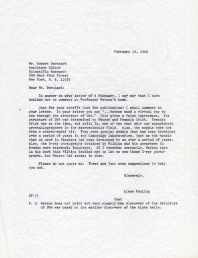 Letter from Linus Pauling to Robert Bernhard. Page 1. February 19, 1968