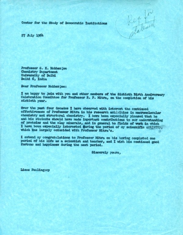 Letter from Linus Pauling to S. K. Mukherjee. Page 1. July 27, 1963