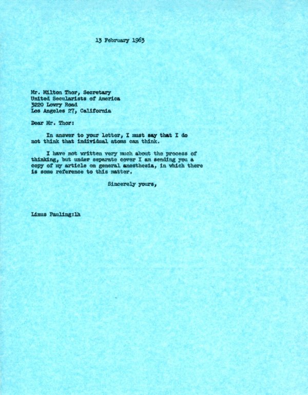 Letter from Linus Pauling to Milton Thor. Page 1. February 13, 1963