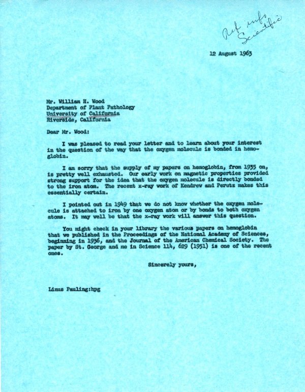 Letter from Linus Pauling to William H. Wood. Page 1. August 12, 1963