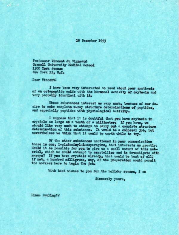 Letter from Linus Pauling to Vincent du Vigneaud. Page 1. December 18, 1953