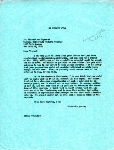 Letter from Linus Pauling to Vincent du Vigneaud. Page 1. January 11, 1954