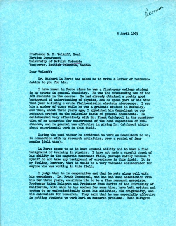 Letter from Linus Pauling to G. M. Volkoff. Page 1. August 19, 1963