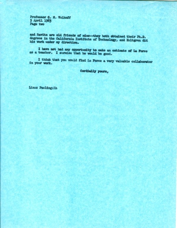 Letter from Linus Pauling to G. M. Volkoff. Page 2. August 19, 1963