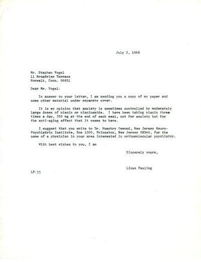 Letter from Linus Pauling to Stephen Vogel. Page 1. July 2, 1968