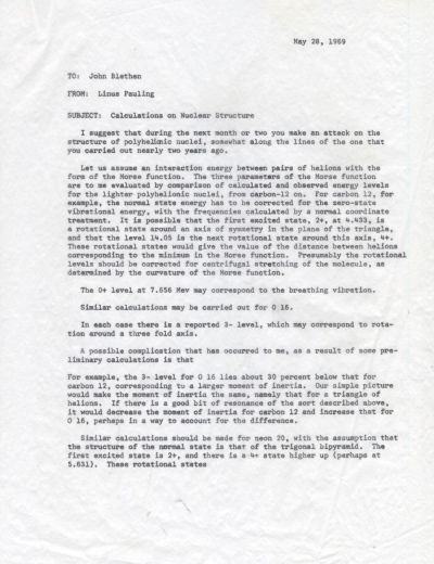 Memo from Linus Pauling to John Blethen. Page 1. May 29, 1969
