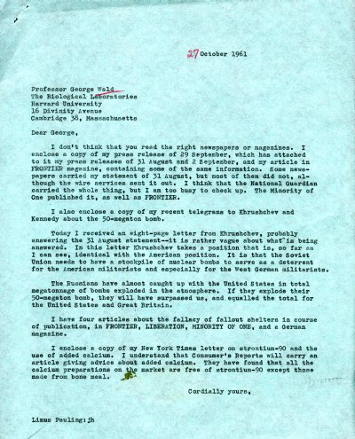Letter from Linus Pauling to George Wald. Page 1. October 27, 1961