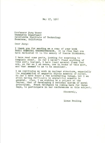 Letter from Linus Pauling to Jürg Waser. Page 1. May 17, 1966