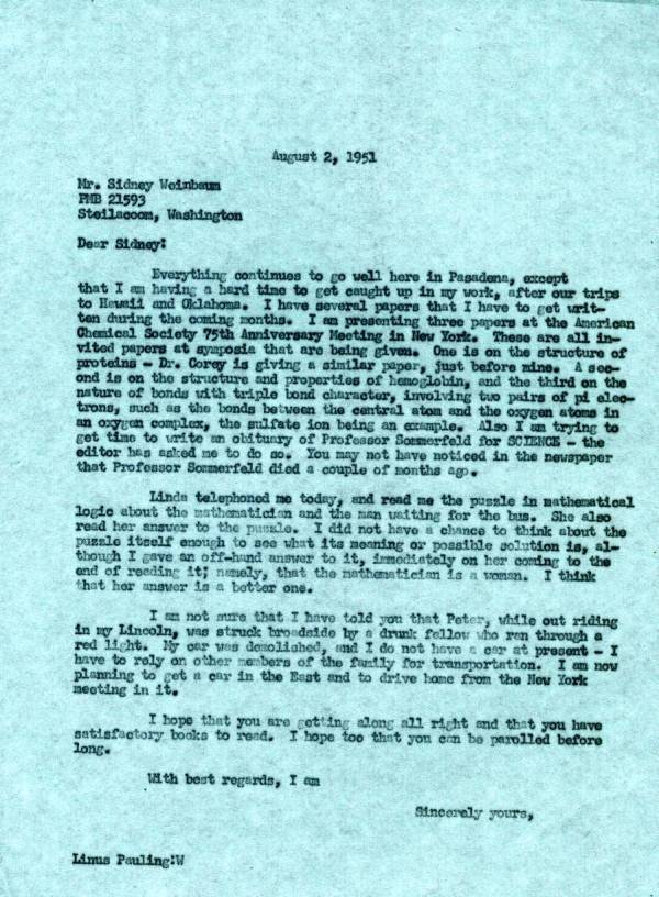 Letter from Linus Pauling to Sidney Weinbaum. Page 1. August 2, 1951