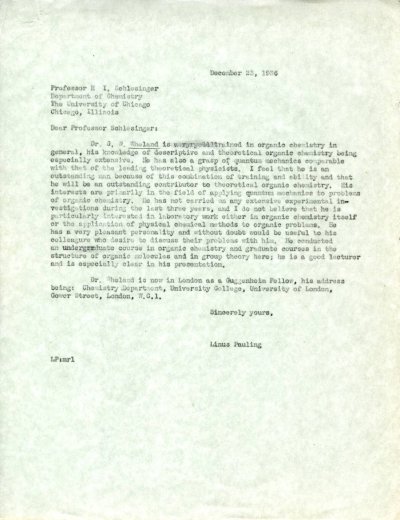 Letter from Linus Pauling to H.I. Schlesinger. Page 1. December 23, 1936