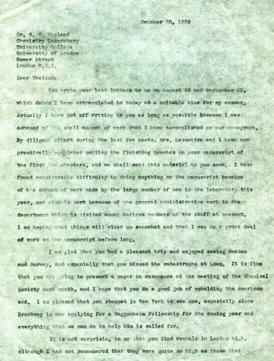 Letter from Linus Pauling to G.W. Wheland. Page 1. October 30, 1936
