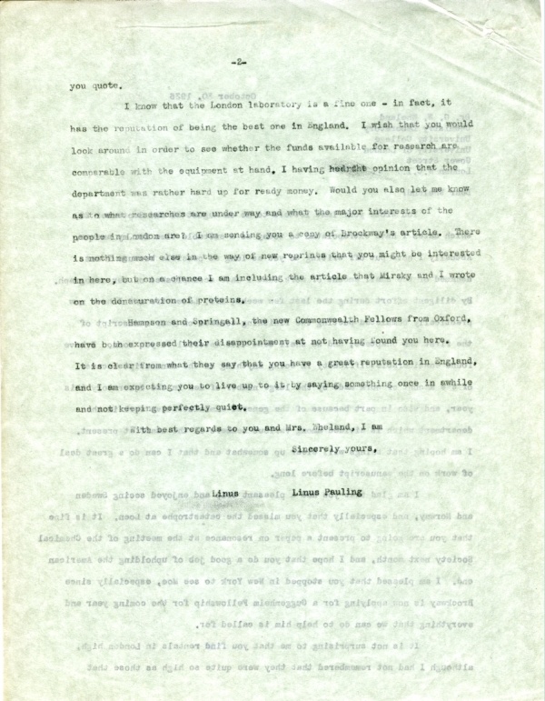 Letter from Linus Pauling to G.W. Wheland. Page 2. October 30, 1936