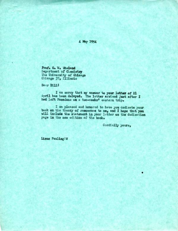 Letter from Linus Pauling to G.W. Wheland. Page 1. May 4, 1954