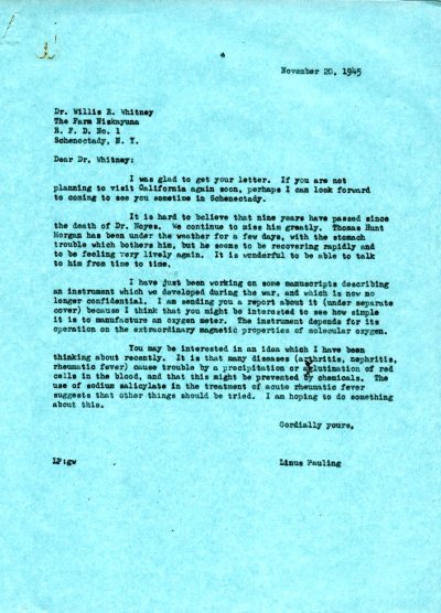 Letter from Linus Pauling to Willis R. Whitney. Page 1. November 20, 1945