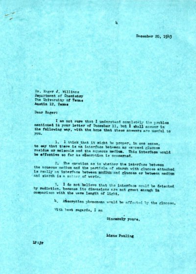 Letter from Linus Pauling to Roger J. Williams. Page 1. December 20, 1943