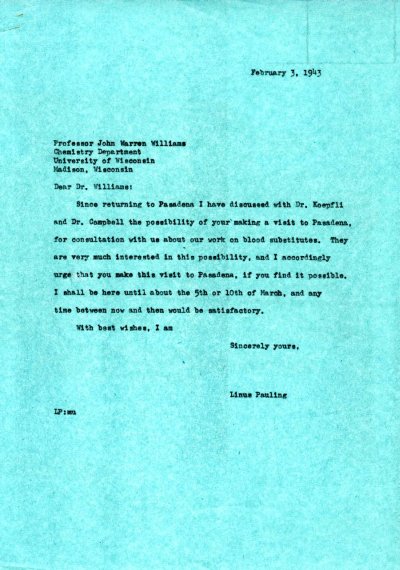Letter from Linus Pauling to John Warren Williams. Page 1. February 3, 1943