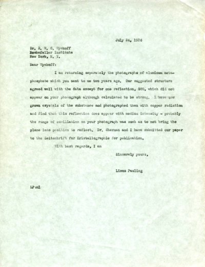 Letter from Linus Pauling to Ralph W.G. Wyckoff Page 1. July 24, 1936
