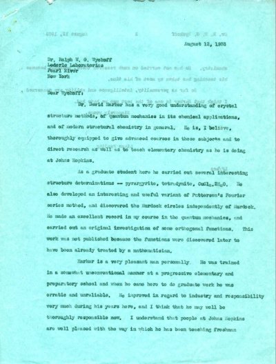 Letter from Linus Pauling to Ralph W.G. Wyckoff Page 1. August 12, 1936