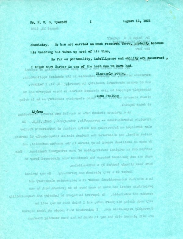 Letter from Linus Pauling to Ralph W.G. Wyckoff Page 2. August 12, 1936