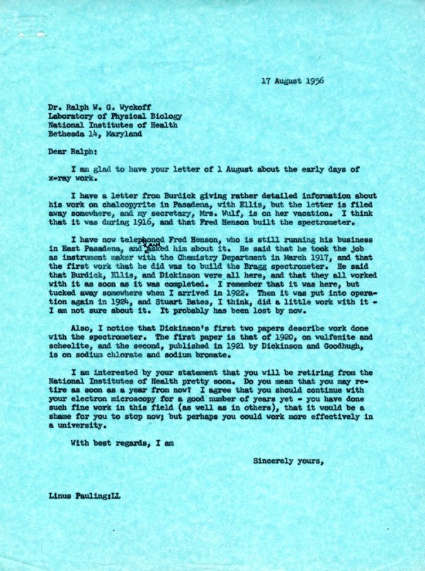 Letter from Linus Pauling to Ralph W.G. Wyckoff. Page 1. August 17, 1956