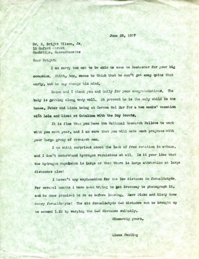 Letter from Linus Pauling to E. Bright Wilson, Jr. Page 1. June 29, 1937