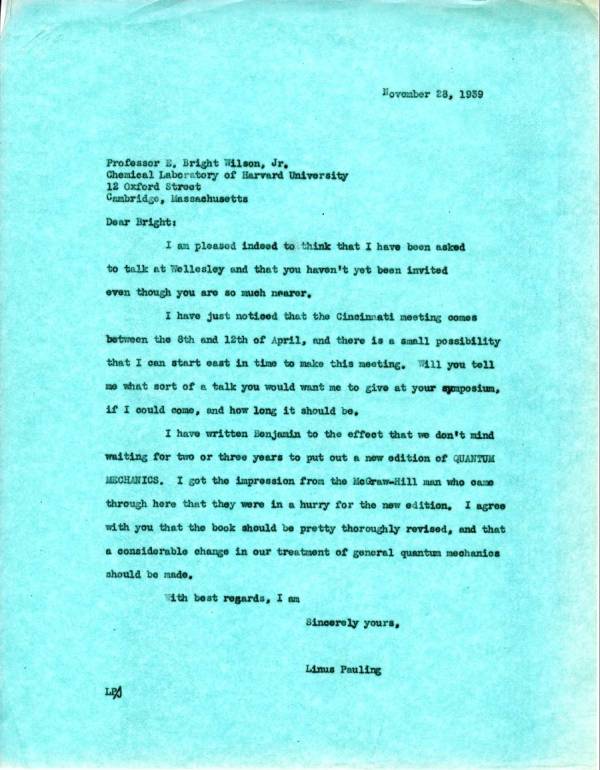 Letter from Linus Pauling to E. Bright Wilson, Jr. Page 1. November 28, 1939
