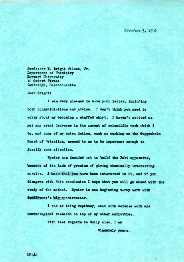 Letter from Linus Pauling to E. Bright Wilson, Jr. Page 1. November 3, 1940